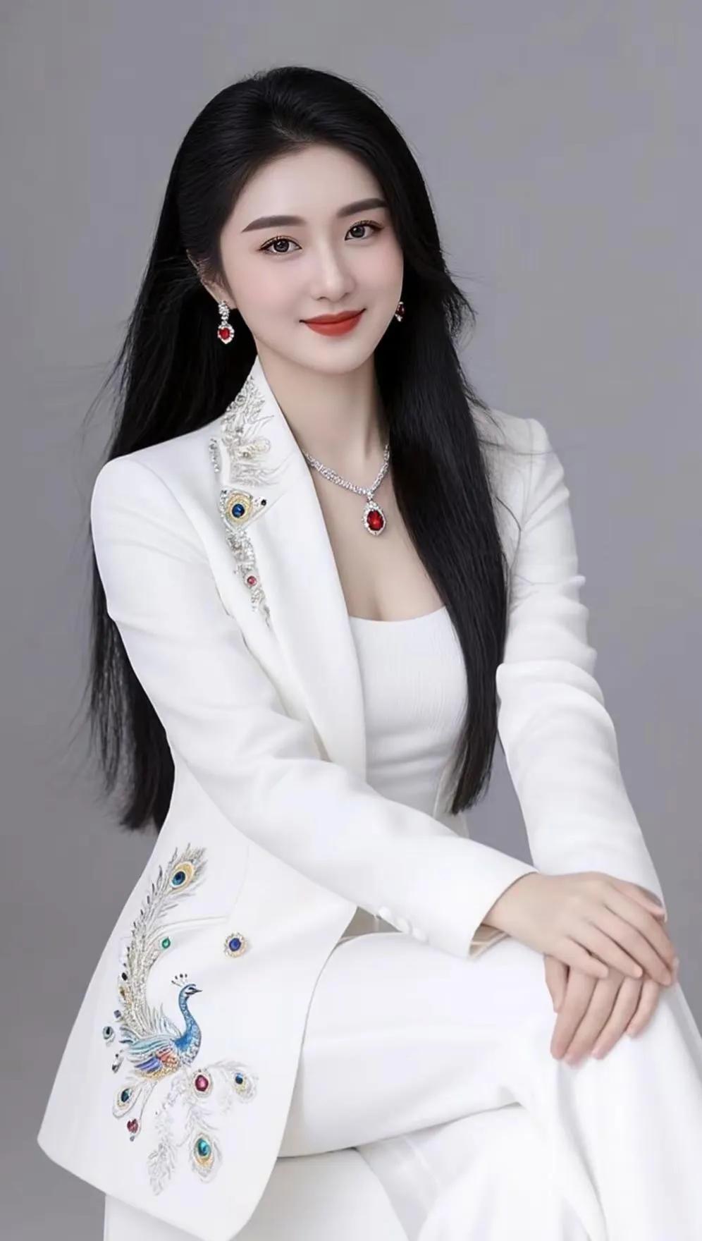 优雅白衣少女，孔雀刺绣西装，闪耀珠宝配饰，气质满分！