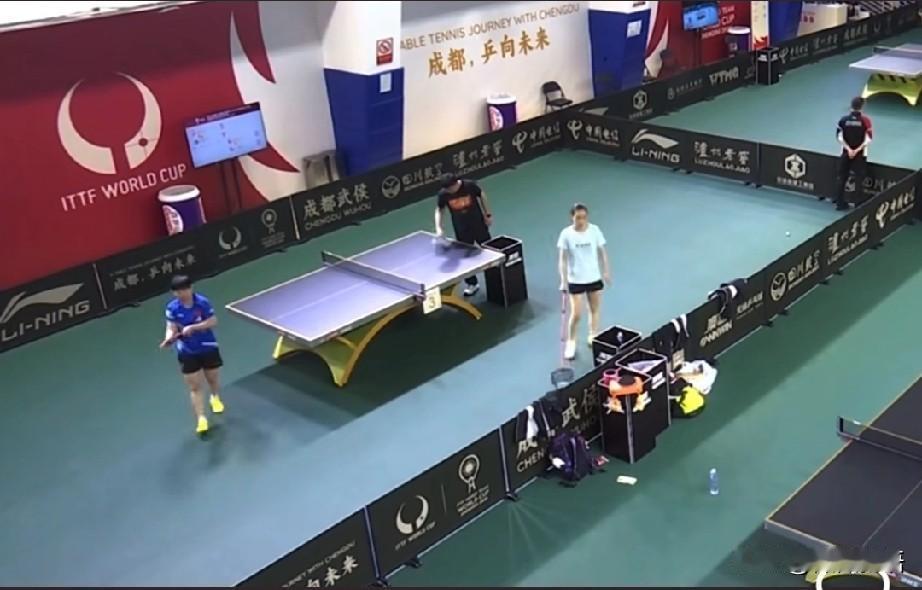 莎莎打女单时，场外教练只有马琳。看到男单比赛时，王皓都会带一个男队教练也场外，