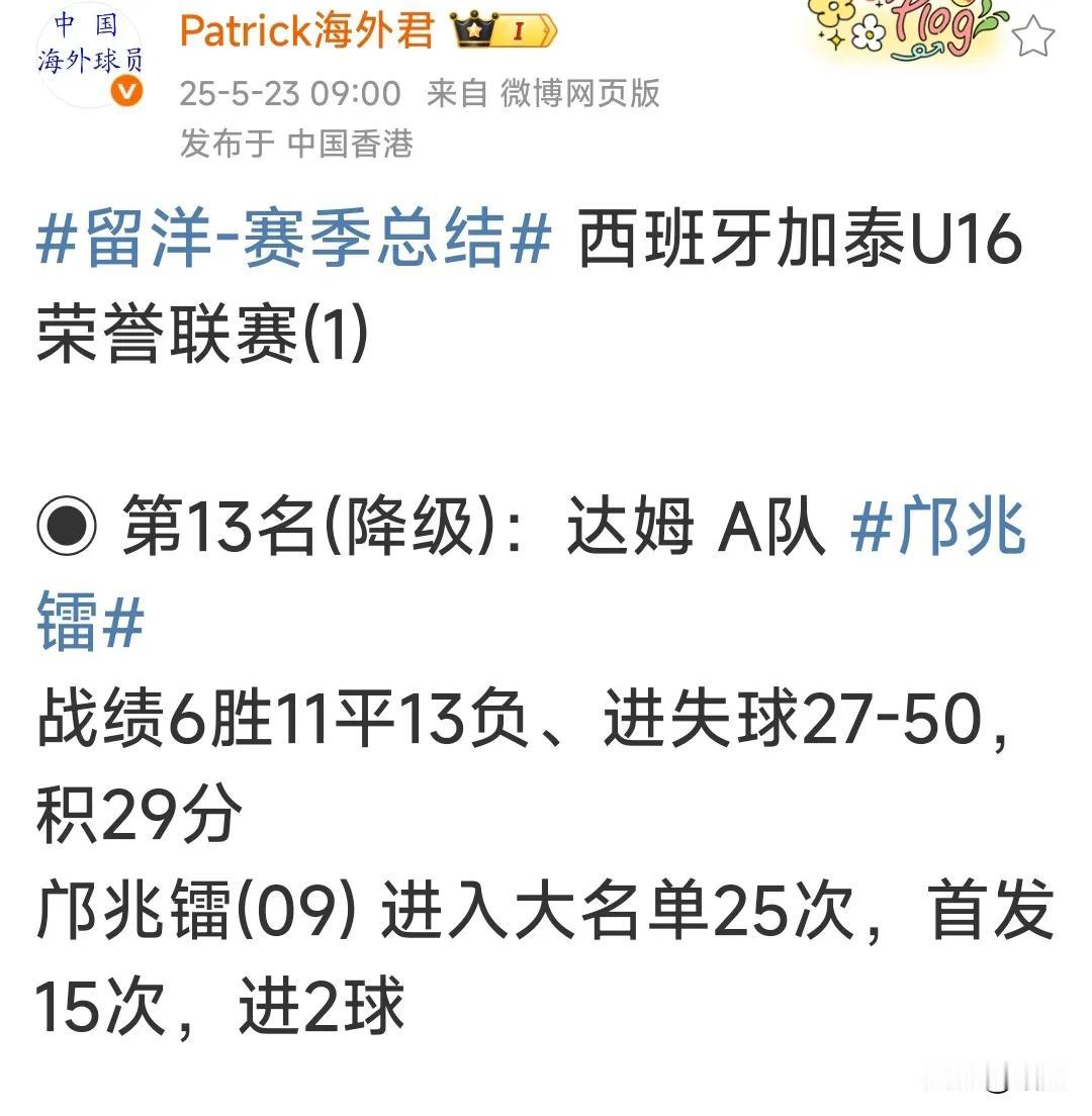中国足球村里的希望、留洋西班牙的09国少前锋"8号特工"邝兆镭随所在的球队降级了