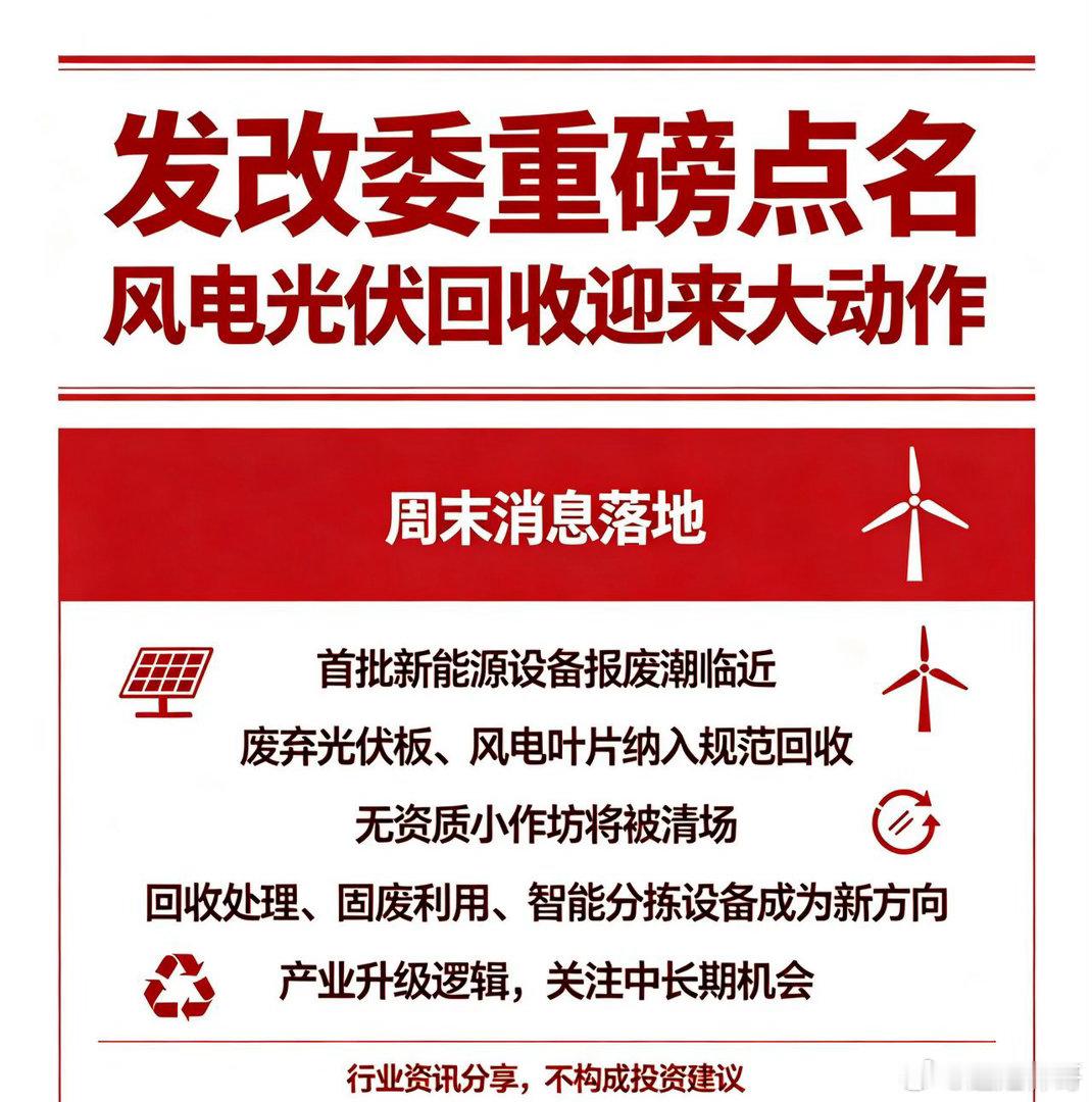 周末这消息炸锅了，发改委正式点名，风电光伏设备回收要搞大动作。说白了，以前那些没