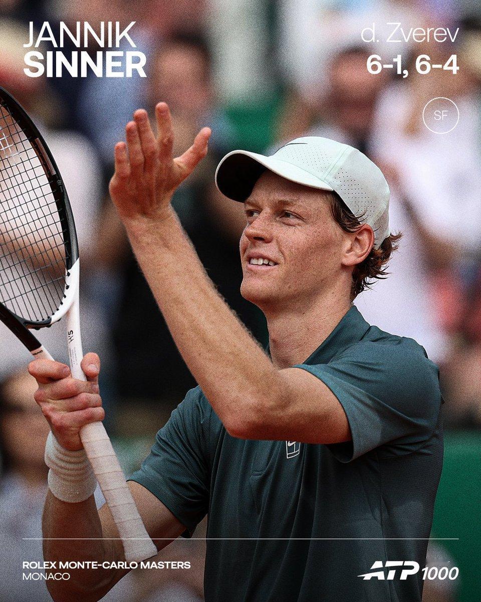辛纳辛纳首进蒙特卡洛决赛辛纳八连胜兹维列夫世界第二和世界第三的对决，最终6-1