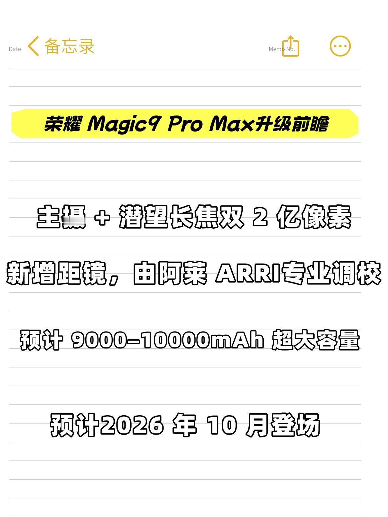 据说这代荣耀Magic9ProMax主打影像与续航双升级：影像：主摄+
