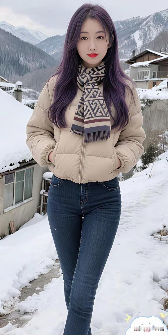 冬日雪景中的少女，紫色长发与米色羽绒服相映成趣，温暖而时尚。