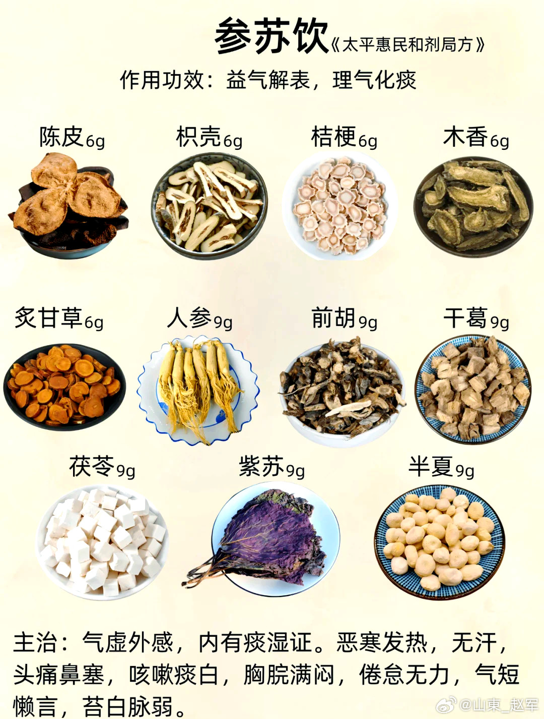 参苏饮人参3克，紫苏叶3克，葛根3克，前胡3克，半夏3克，茯苓3克，陈皮15克，