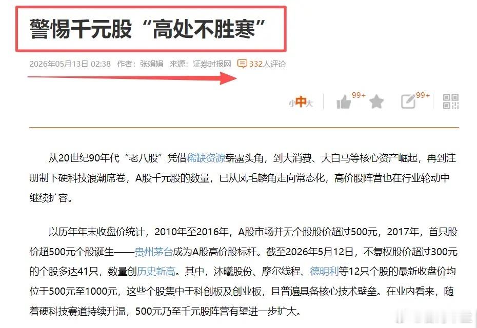 看到证券时报网发布的这条消息之后，信号已经非常明确了：证券时报刊文：警惕千元股“