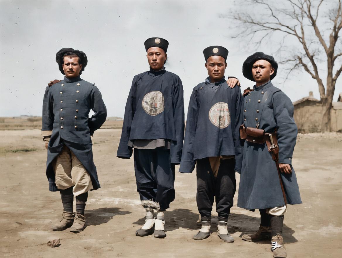 1902年，北京城郊，两位清朝士兵清末传统军号衣，头戴清代军帽，绑腿配布鞋，是清