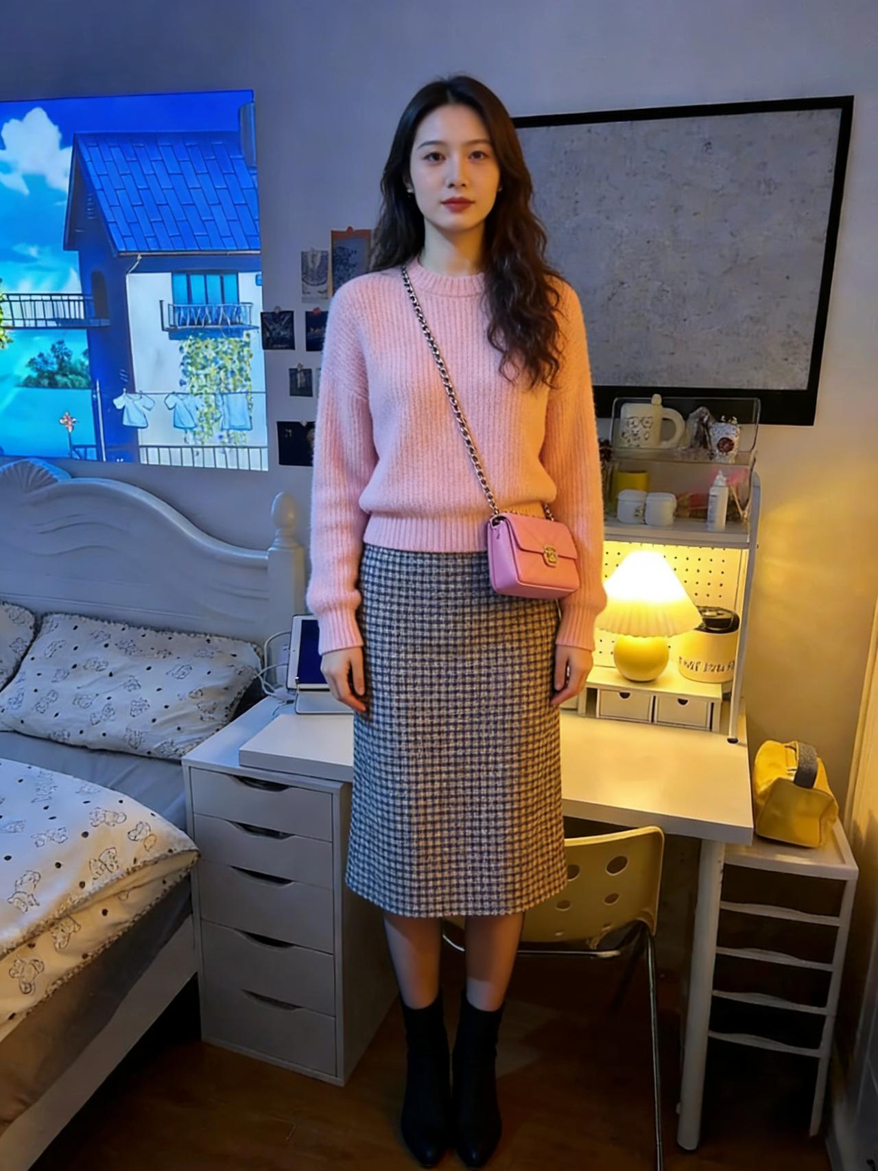 我的卧室，是我的小小宇宙粉色毛衣是宇宙里的星云，柔软又明亮千鸟格裙是星系的纹
