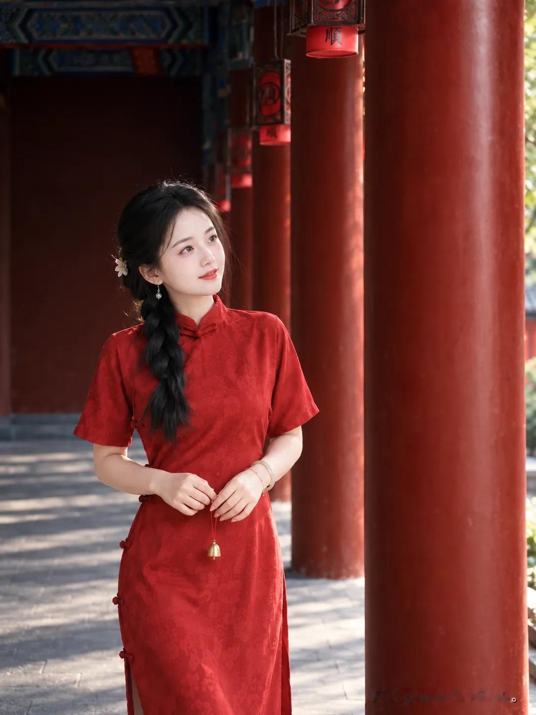 红色短袖旗袍搭配麻花辫，古寺红墙下，拍出中式氛围感写真。中式胶片旗袍