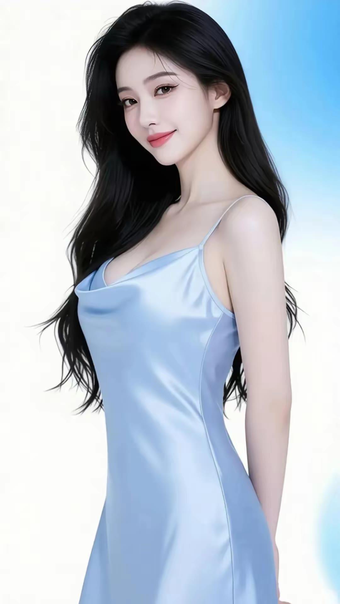 优雅蓝裙，气质女神，惊艳一瞥