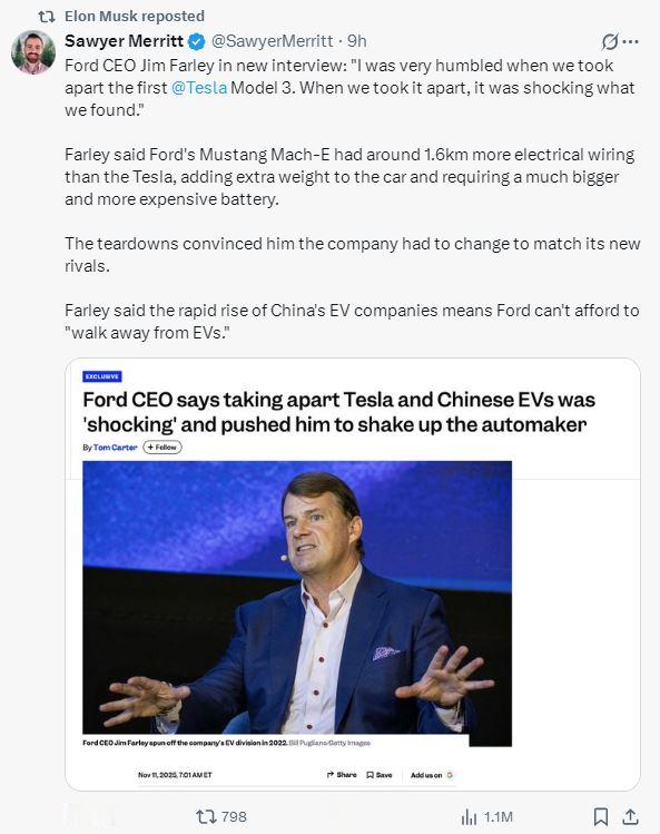 福特CEO称对特斯拉和中国电动汽车的拆解令其震惊和羞愧