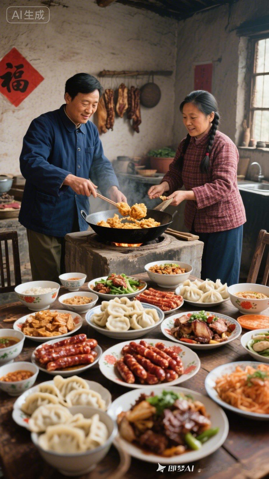 一家人在厨房准备丰盛的年夜饭。