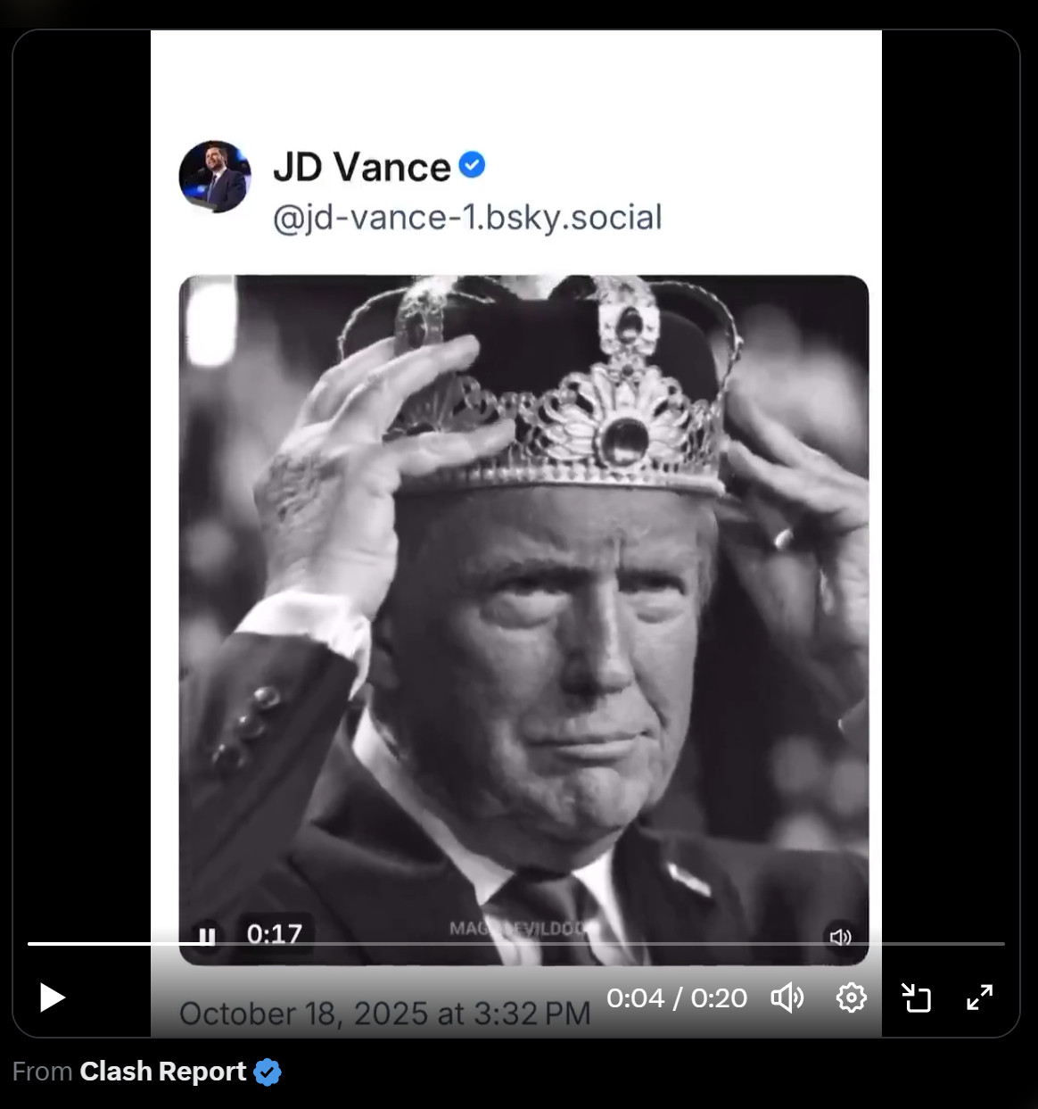 川皇面对一个我们不要国王的大游行，然后他发了一个AI合成视频，上面他戴上王冠