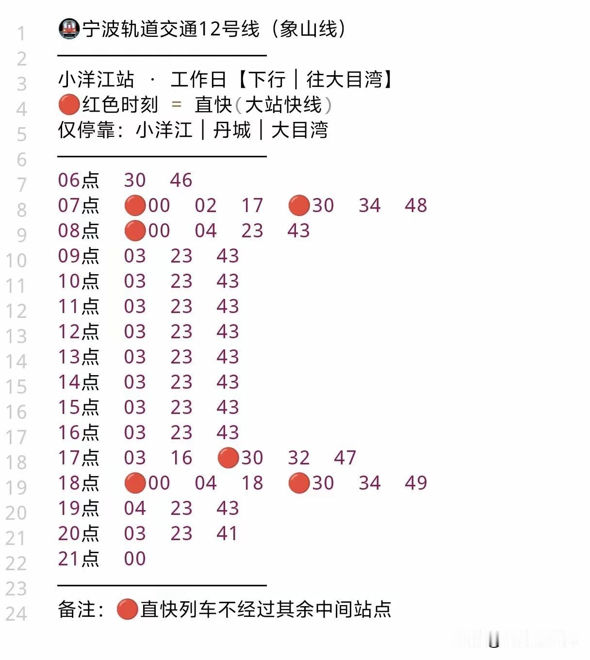 宁波轨道12号线（象山线）时刻表，平峰时段约我12-20分钟一班，高峰时段约10
