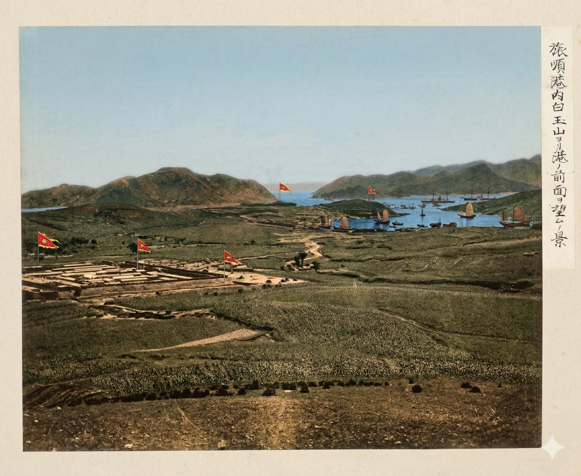 日占时期旅顺港，从白玉山俯瞰港前的沧桑全景。照片右侧日文标注“旅順港内白玉山ヨリ