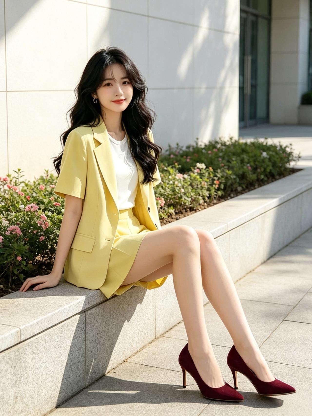 什么样的穿搭可以成为气质女神?浅黄色短袖西装内搭短袖T恤，浅黄色短裤，酒红色高