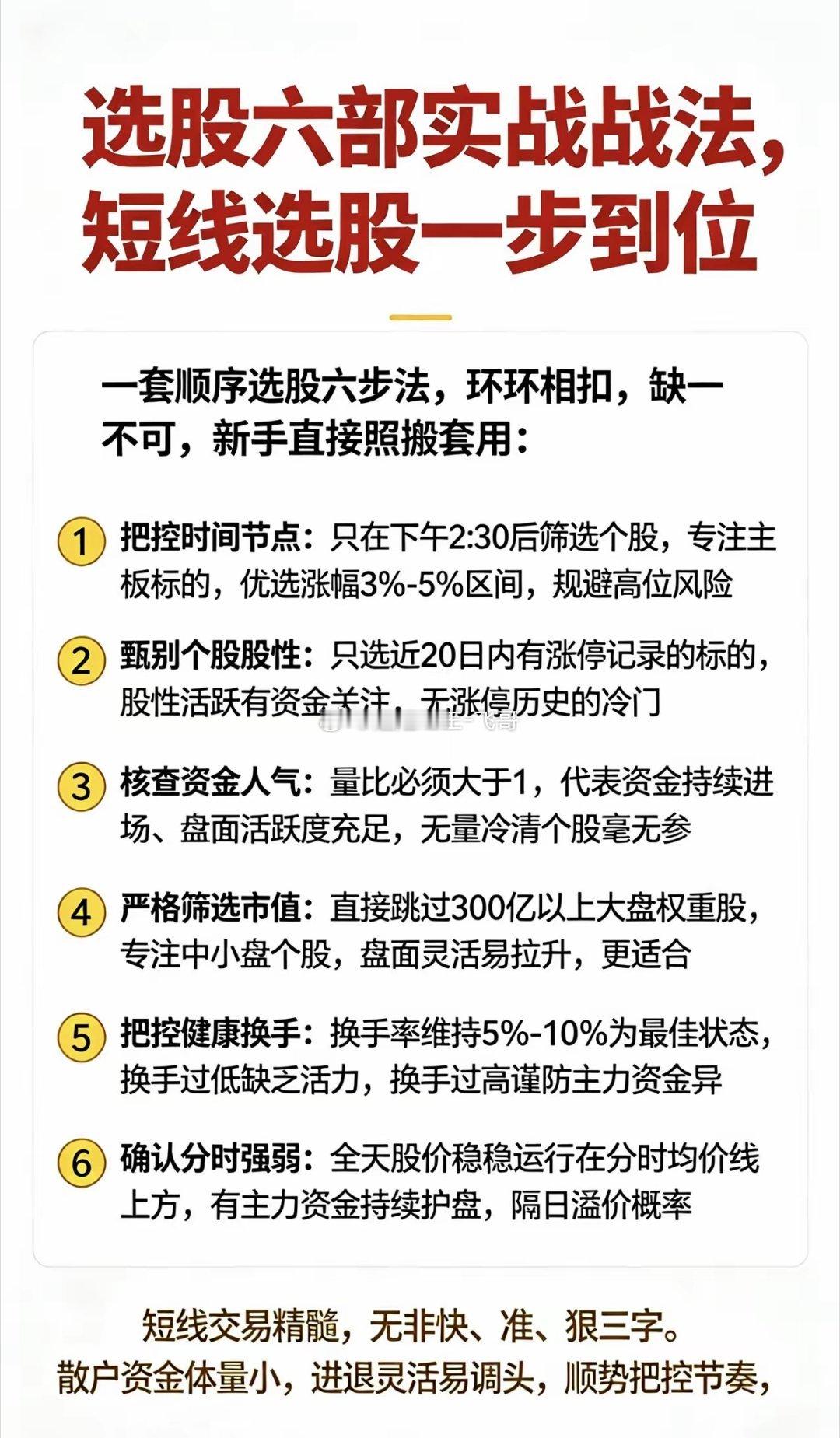 选股六部实战战法，短线选股一步到位一套顺序选股六步法，环环相扣，缺一不可，新手直