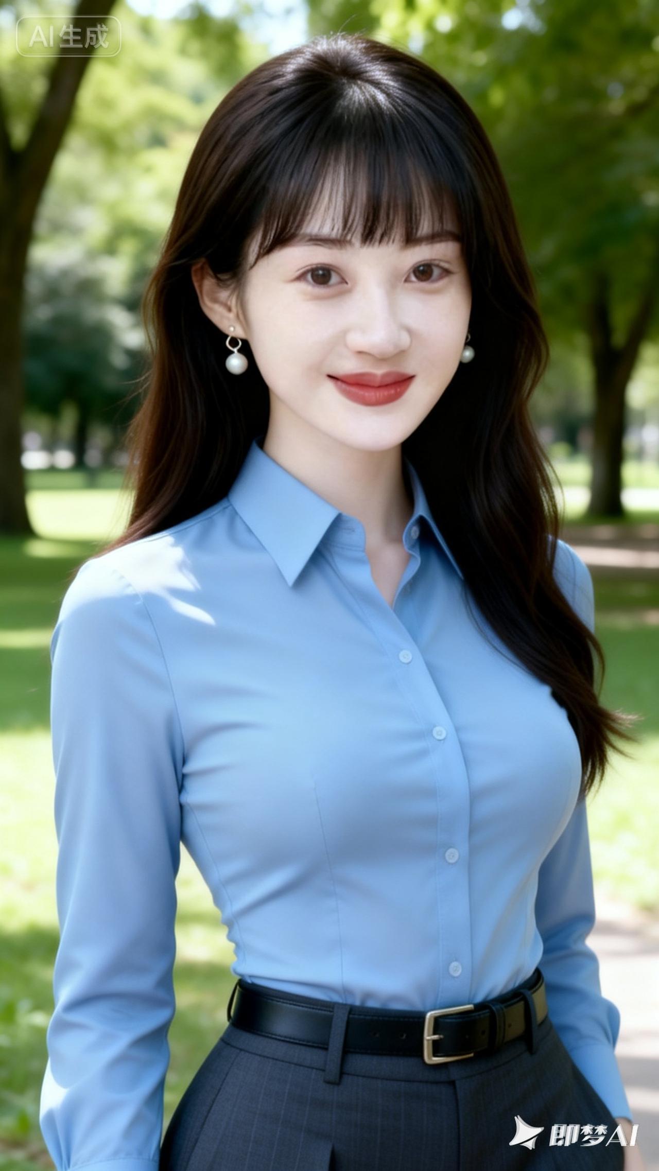职场优雅风，蓝色衬衫搭配黑色裙子，自信满满！💼✨