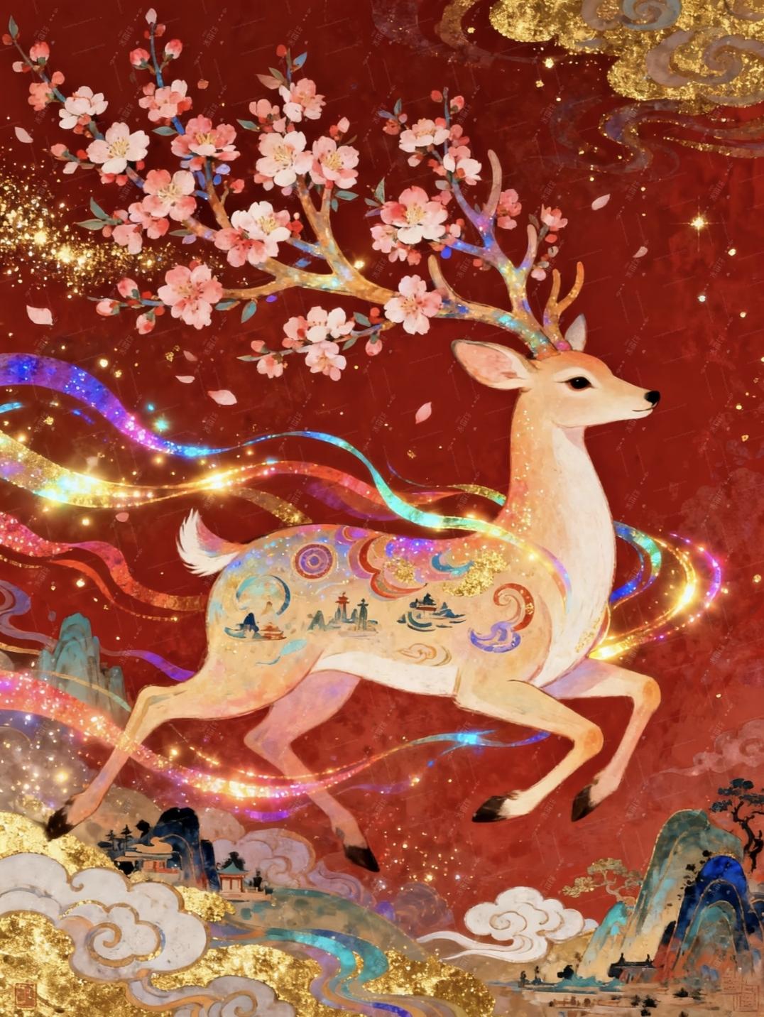 🦌九色瑞鹿🦌一鹿生花花鹿踏云舞，鹿角绽春樱，身披山水画，彩虹光带绕，红尘仙