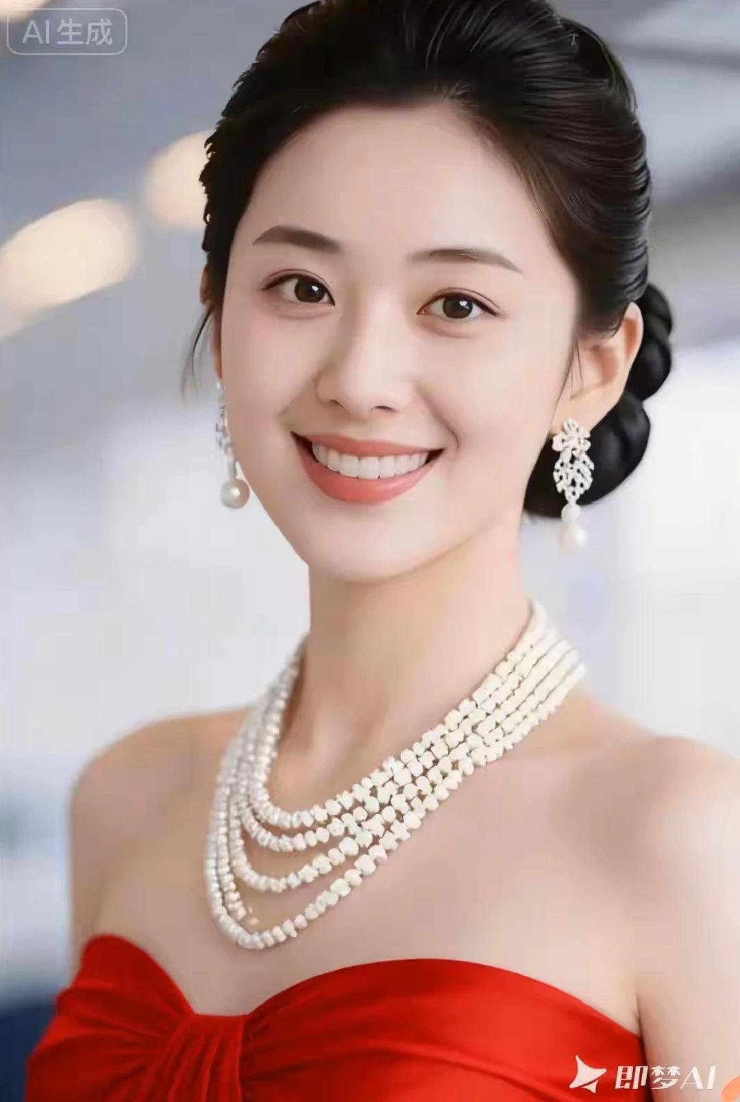 笑颜如花，国色天香红裙微笑，明艳热烈月里嫦娥，仪态万方眉清目秀，美若冠玉