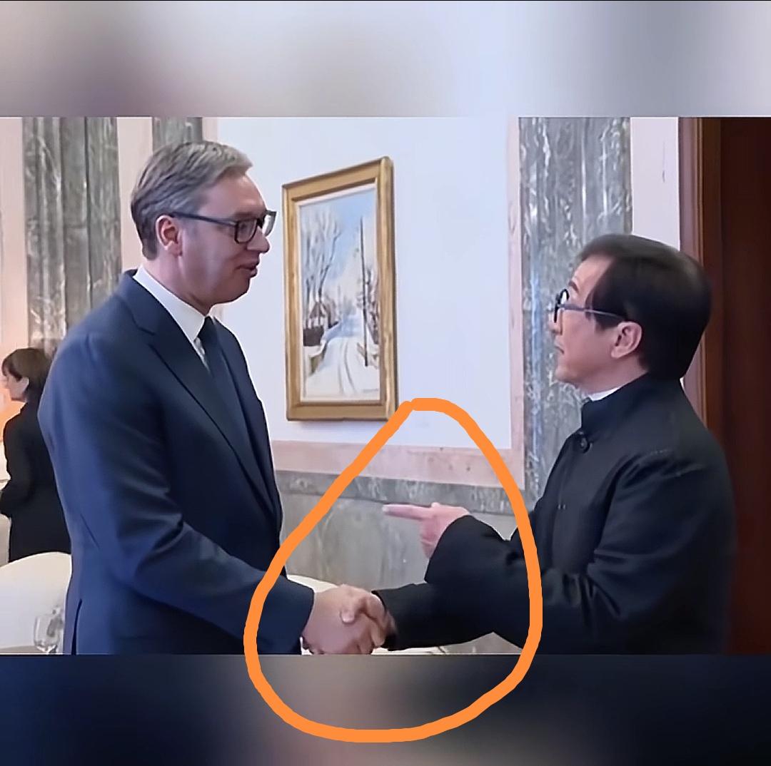 成龙敢用手指着塞尔维亚总统武契奇。最近，塞尔维亚总统会见成龙，成龙快步走向武