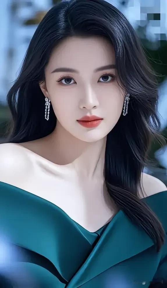 墨发垂落时，墨绿缎面裹着肩颈的柔，钻链耳坠碰着光的碎。红唇轻扬的瞬间，连空气都浸