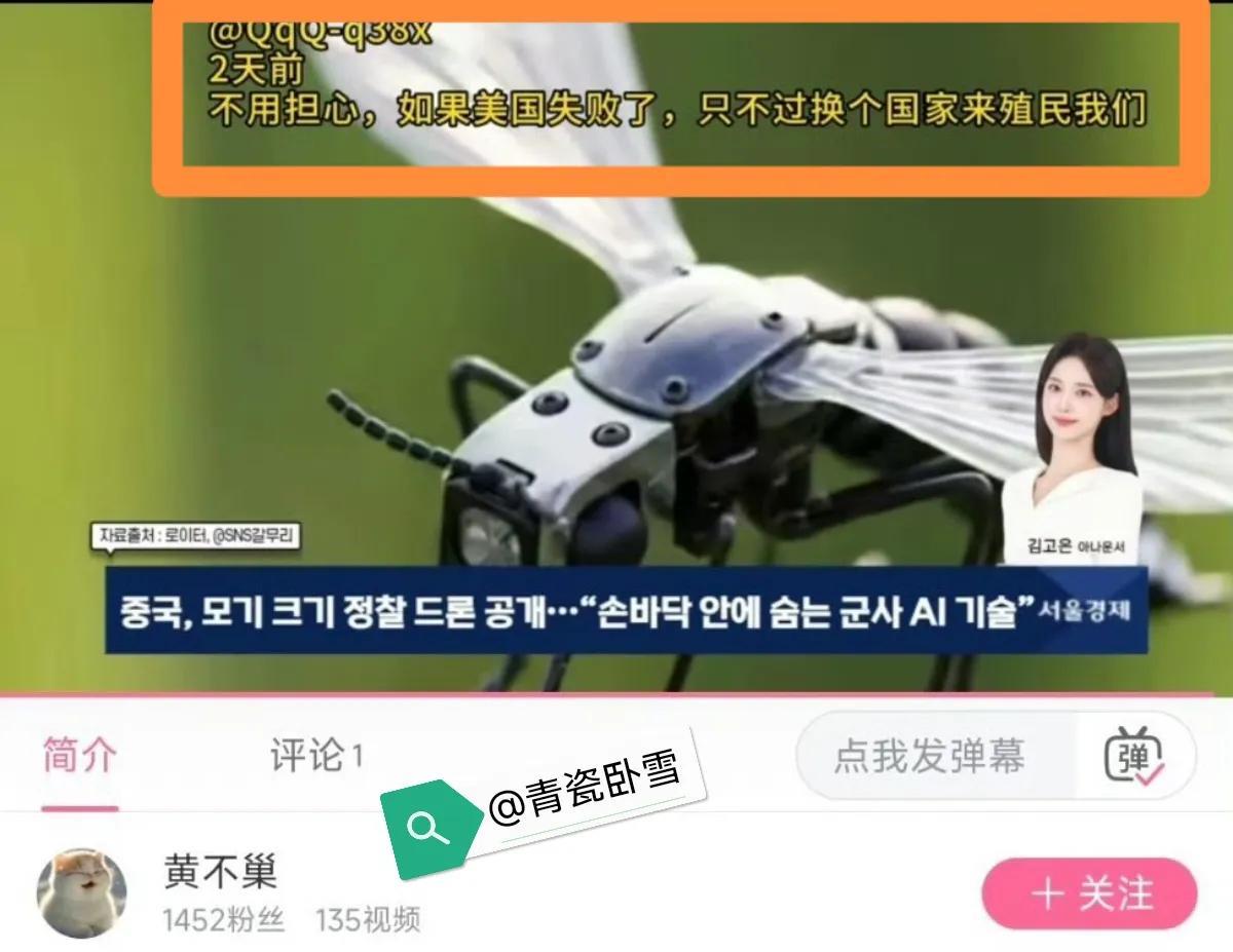 韩国人在评论中国的蚊子机器人时，冷不丁冒出一句“不用担心，如果美国失败了，只不