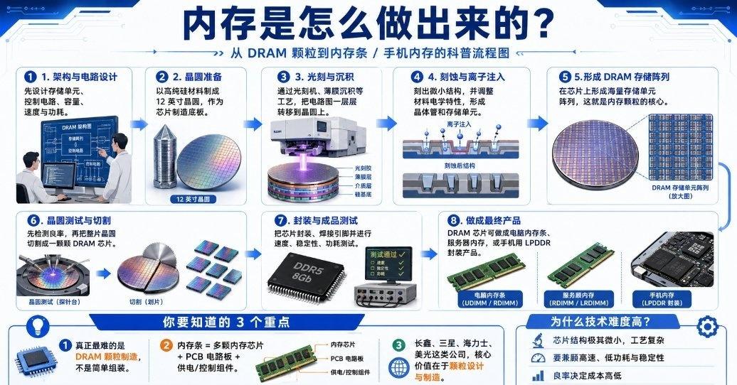 **技术难度非常高。**DRAM内存颗粒不是普通“原料”，它本身就是内存产品最