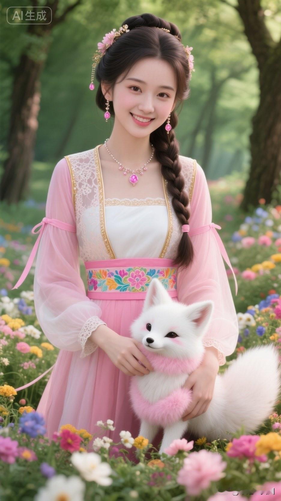 一个女孩抱着小狗在花海里。