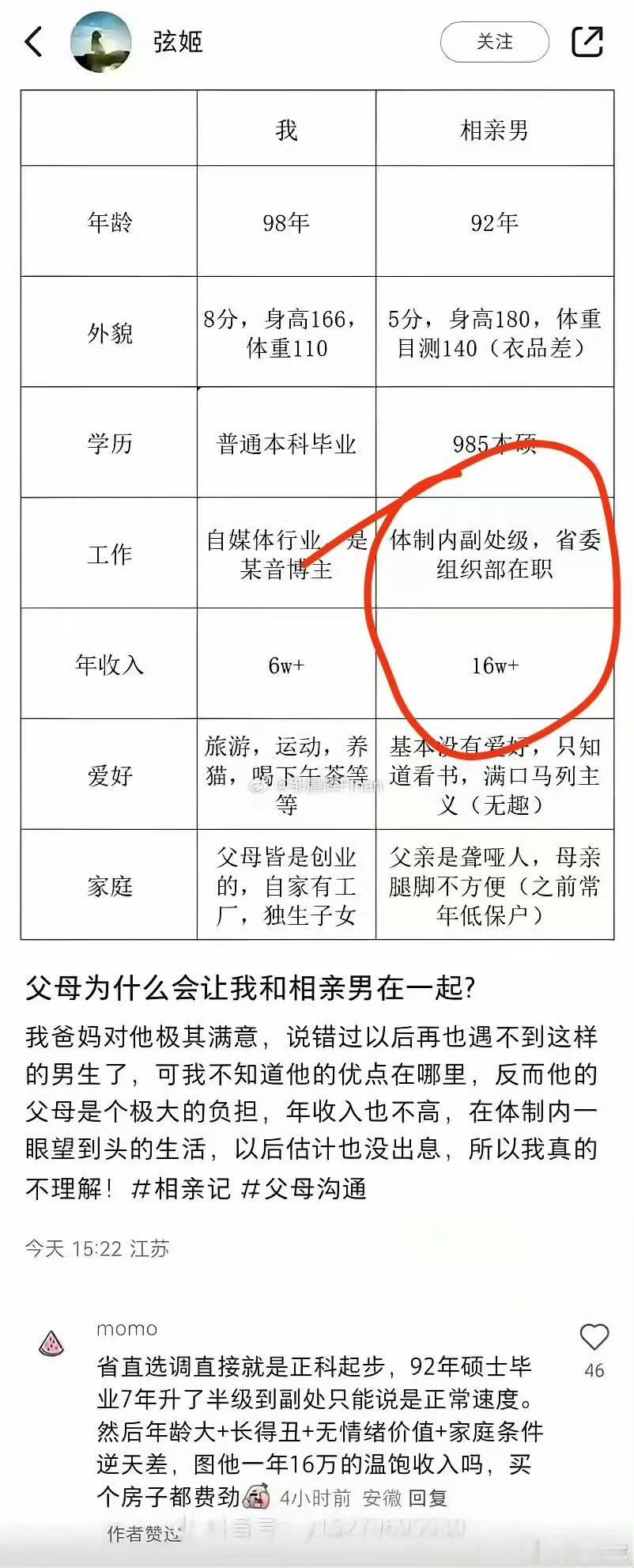“父母为什么会让我和相亲男在一起”还列个表格...这么理性？你觉得男女思维