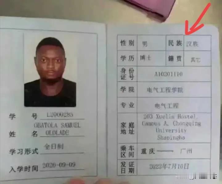 实在想不明白：这个非洲留学生，明明是外籍人，可民族那栏却填了汉族，这到底