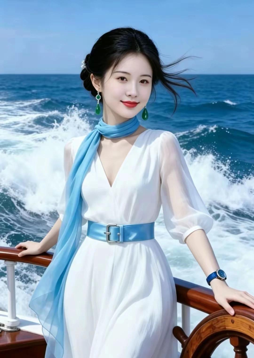 碧海蓝天好风光，佳丽漫步美景赏；海风徐徐润心扉,回归自然心情爽。