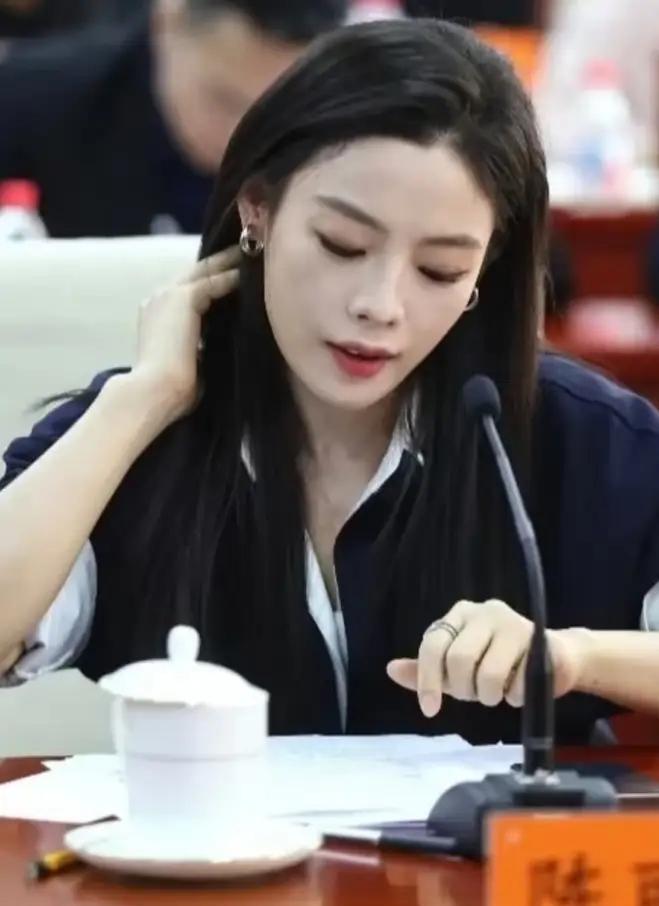 陈丽君啊，升职了，也跨界成功，是否不一样了？看她开会的照片。戴了耳环、戒指，长发