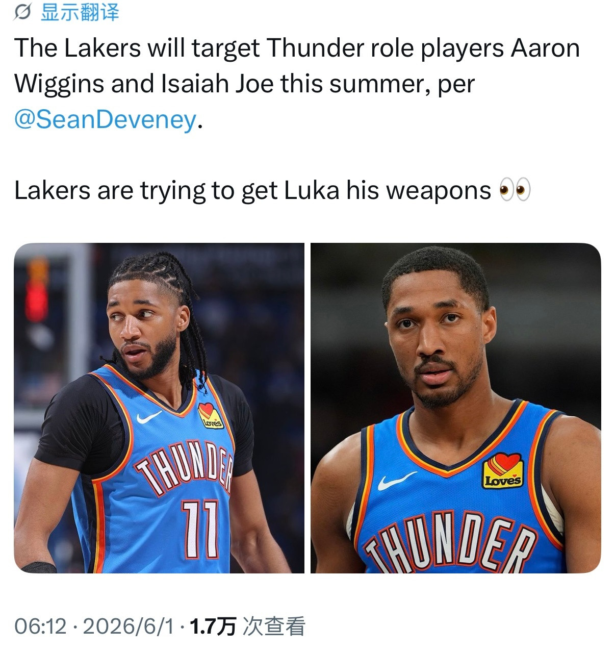 据记者SeanDeveney报道，湖人是计划在今年休赛期瞄准雷霆角色球员阿龙·