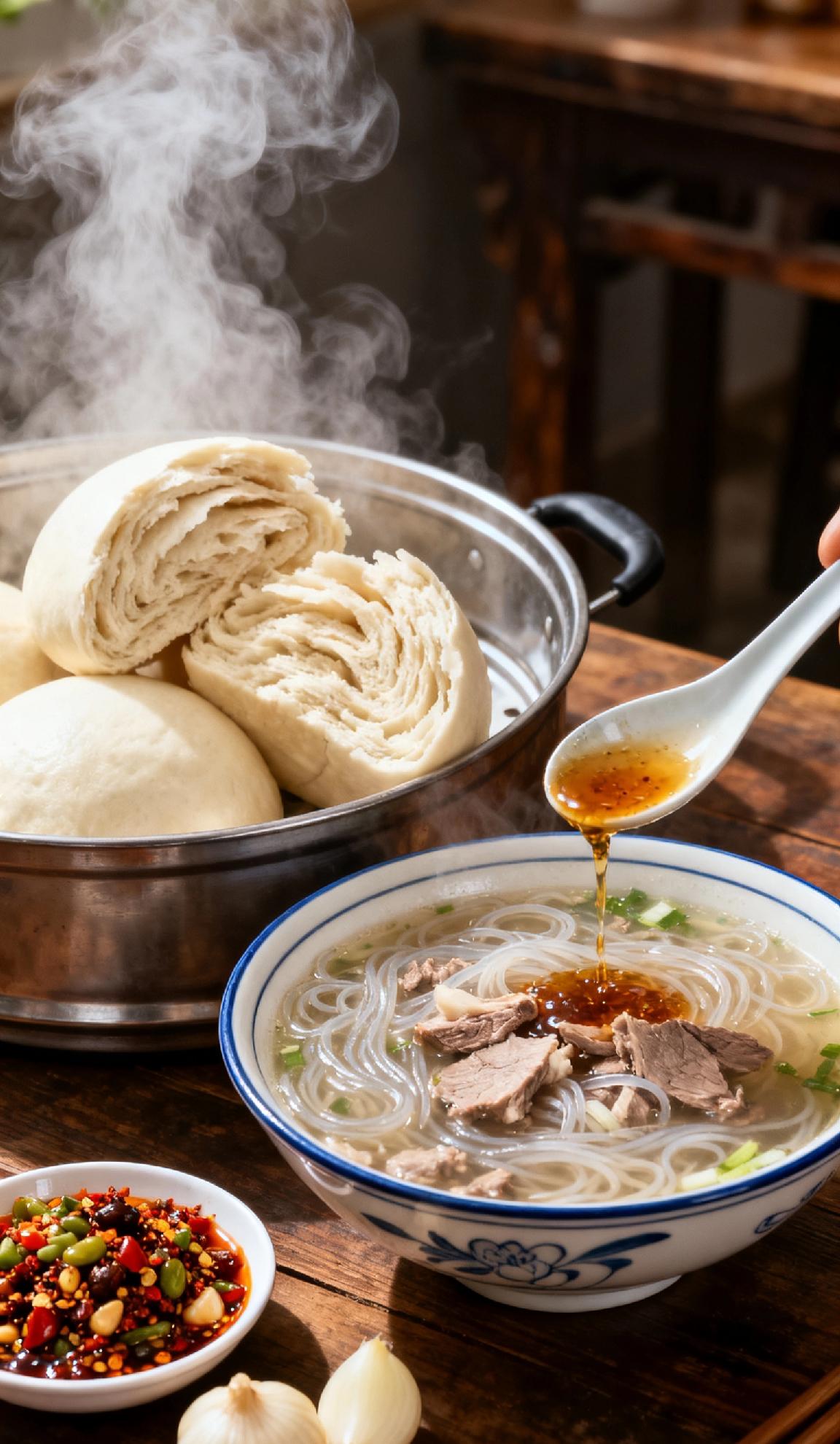 蒲城人的家常桌，藏着最浓的烟火气！刚揭锅的椽头蒸馍冒着白汽，筋道得能撕出层次；一