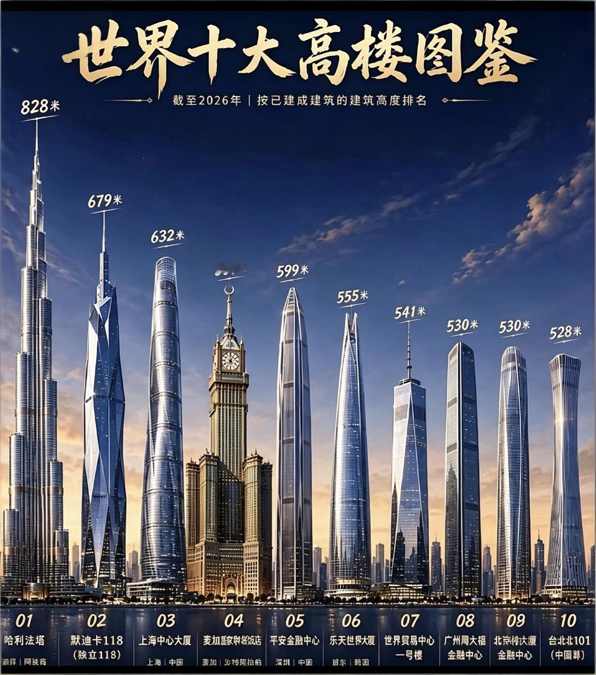 世界十大高楼，我国就独占了一半，我国的经济腾飞的确是有目共睹！01哈利法塔