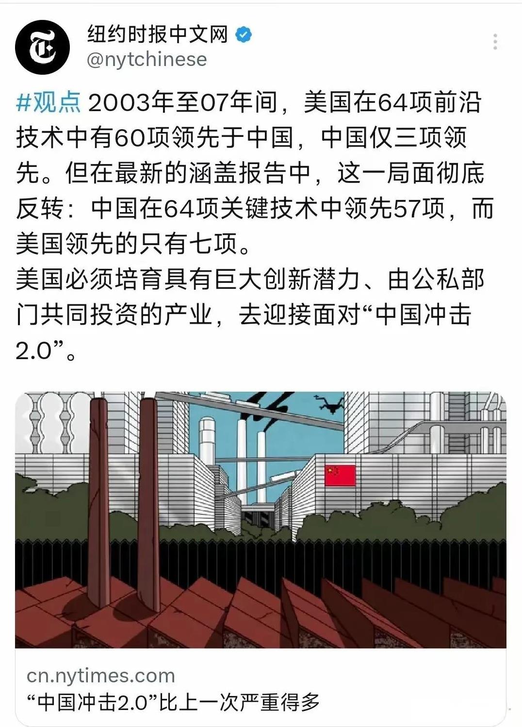 留给美国的时间，不多了！留给美国的领先技术，也不多了！纽约时报中文网一则消息引发