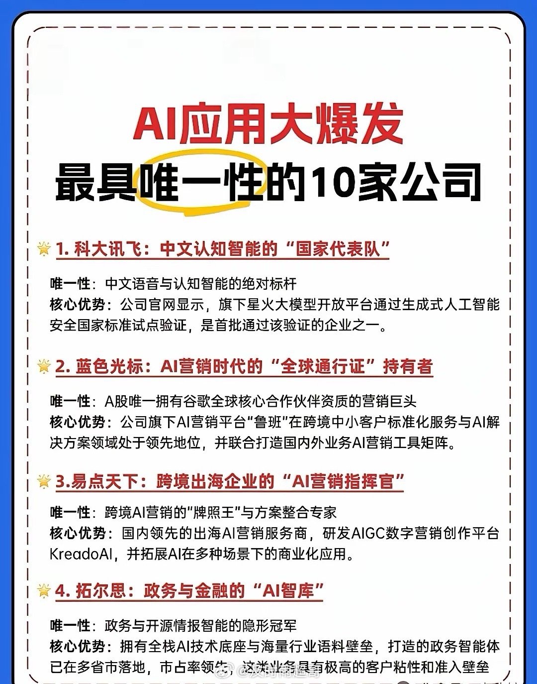 AI应用大爆发！这10家“唯一”公司藏着哪些王牌？政策+资本+业绩三重共振！AI