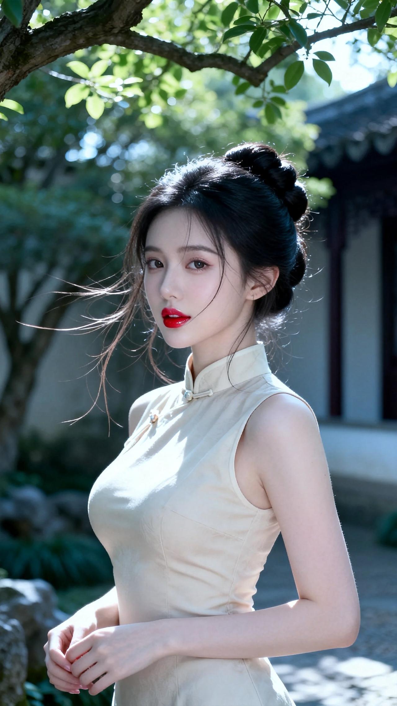 红妆美人倚树，古风犹存。