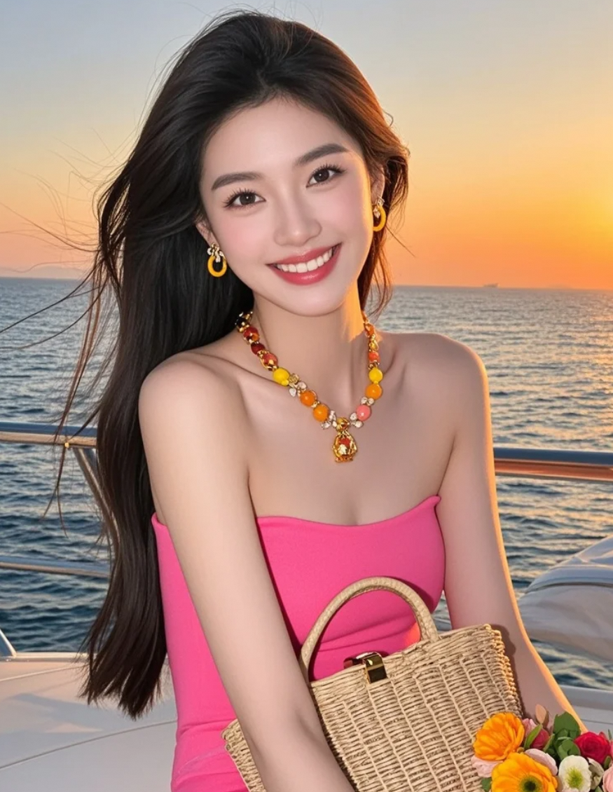她在水天之间微笑，像一场不愿醒来的梦