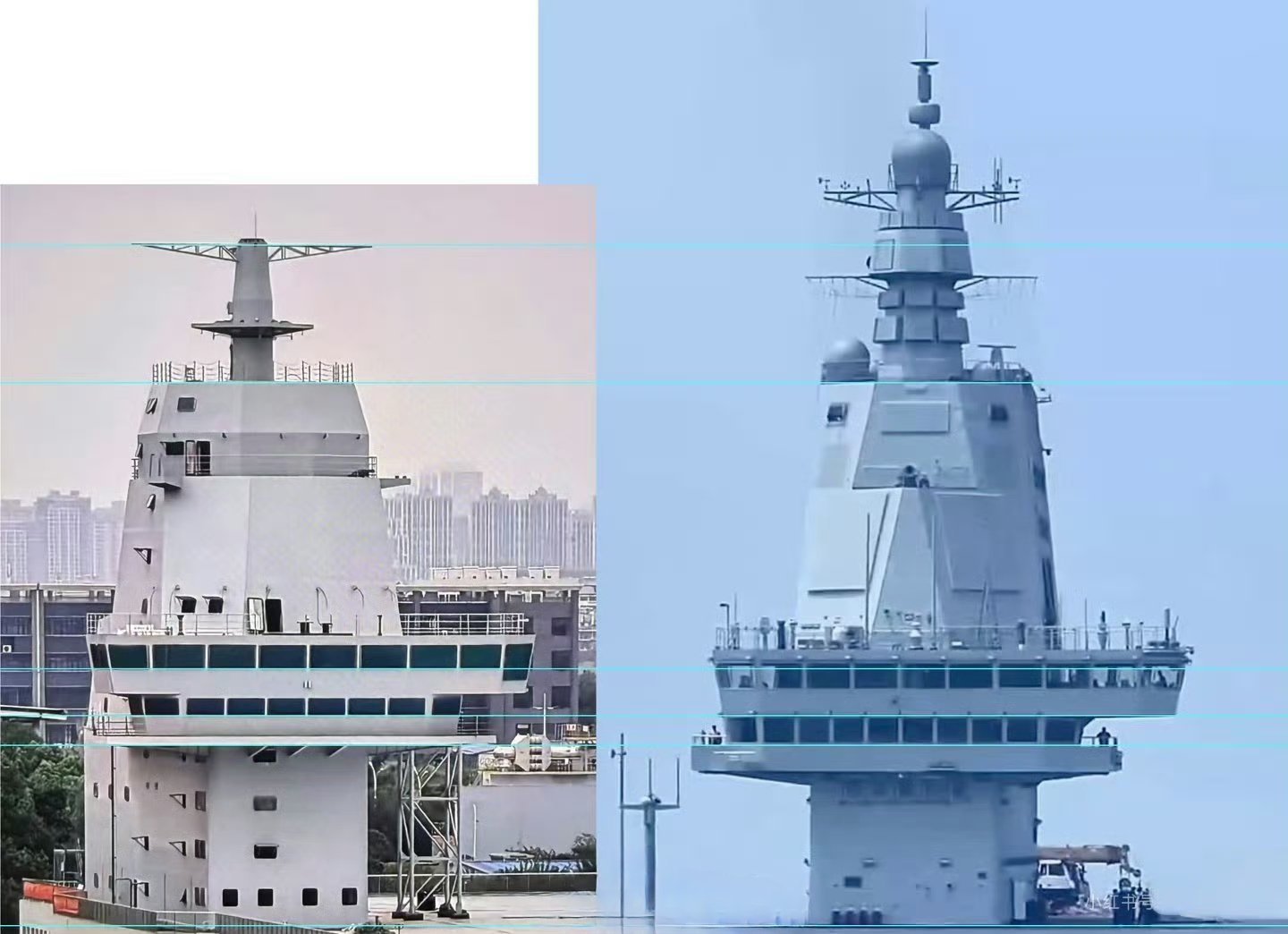 和003舰岛对比，舰桥高度明显加高了，后置舰岛需要更高的前向视野，航空舰桥改成了