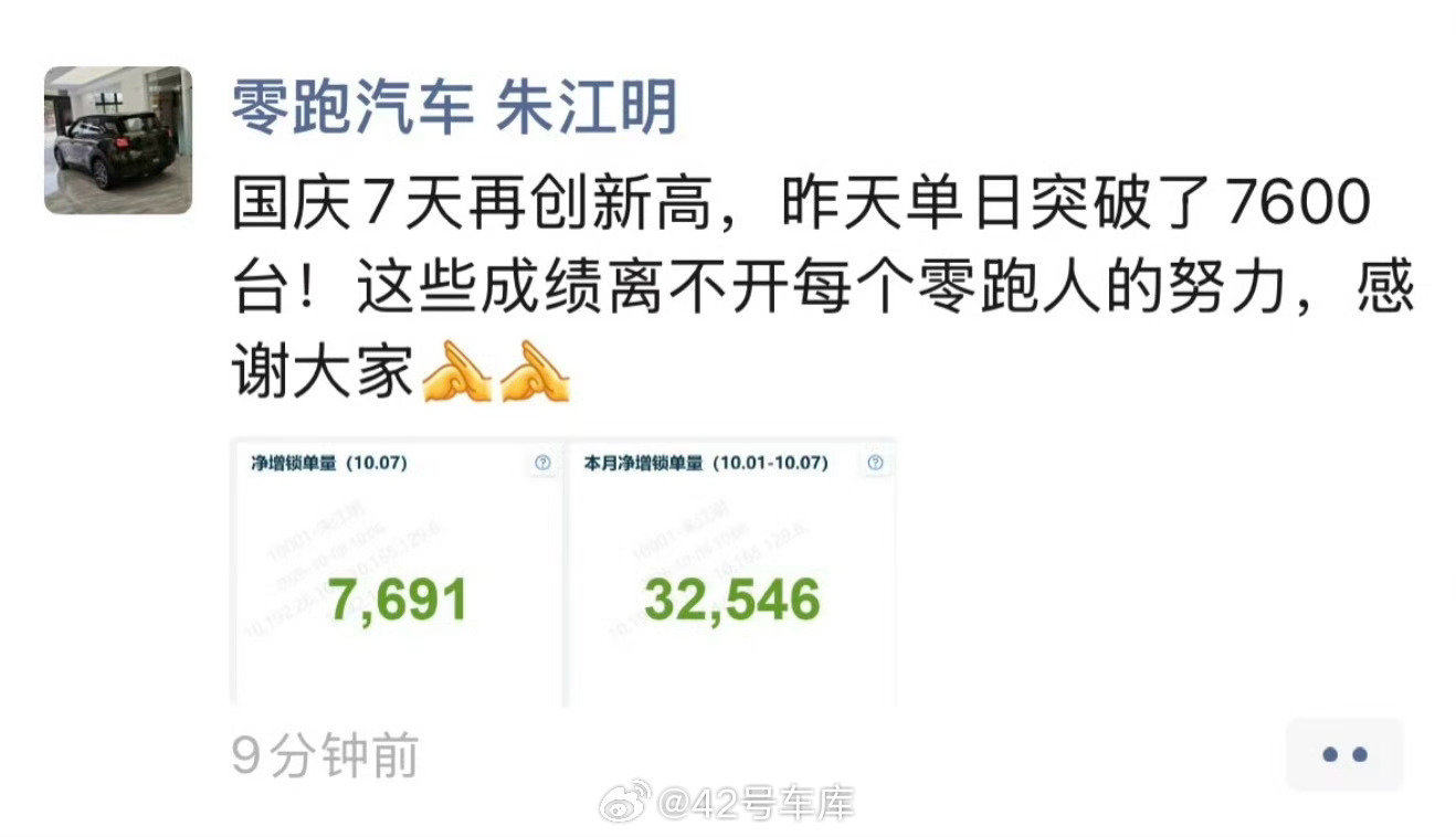 月销10万的零跑，国庆期间卖得怎么样？朱江明：10.7单日新增锁单7,691台，国庆假期7天新增锁单