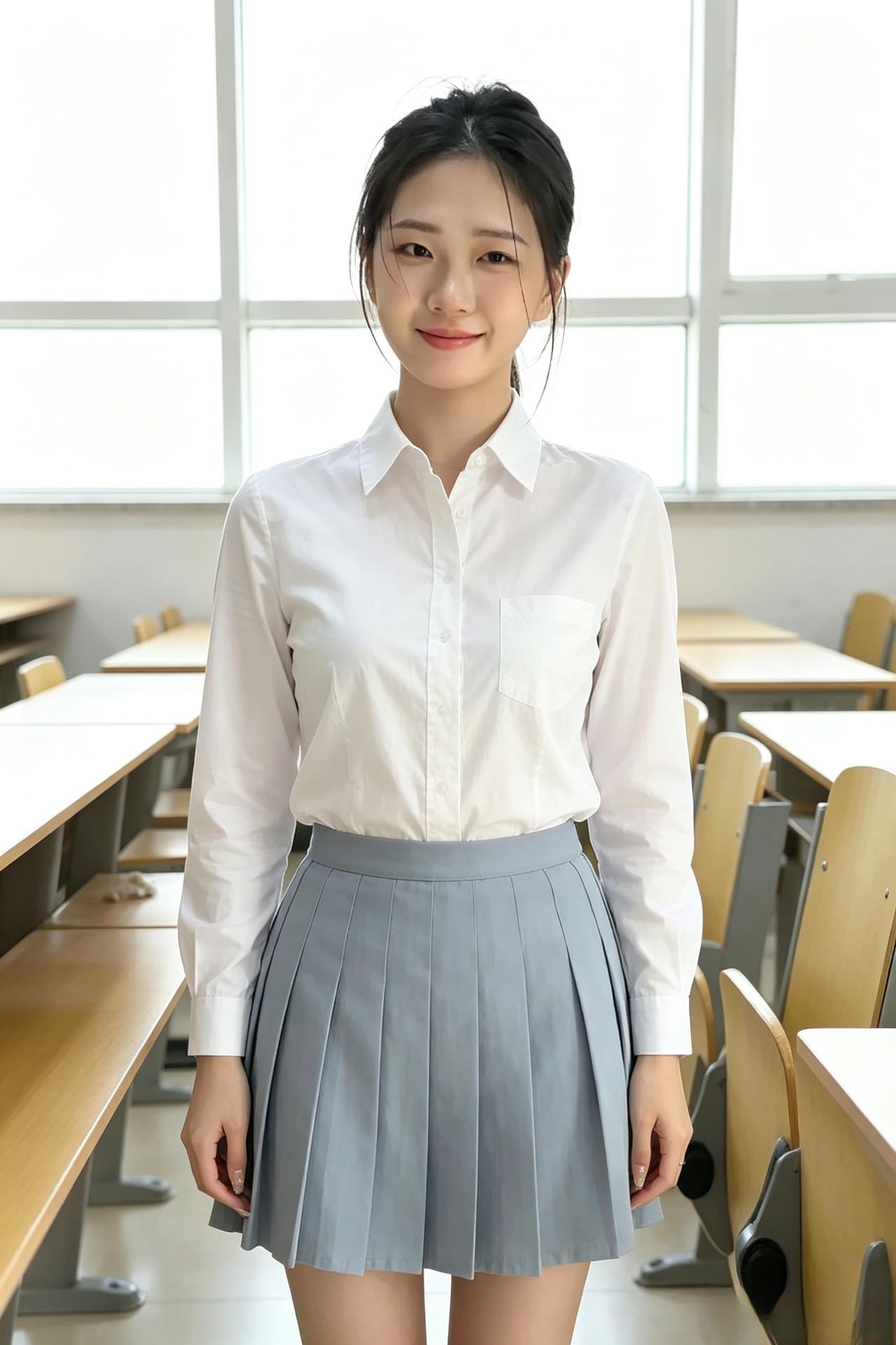 白衫轻拂墨痕香，灰裙轻摆映窗光。一笑嫣然惊岁月，满堂书卷尽低昂。