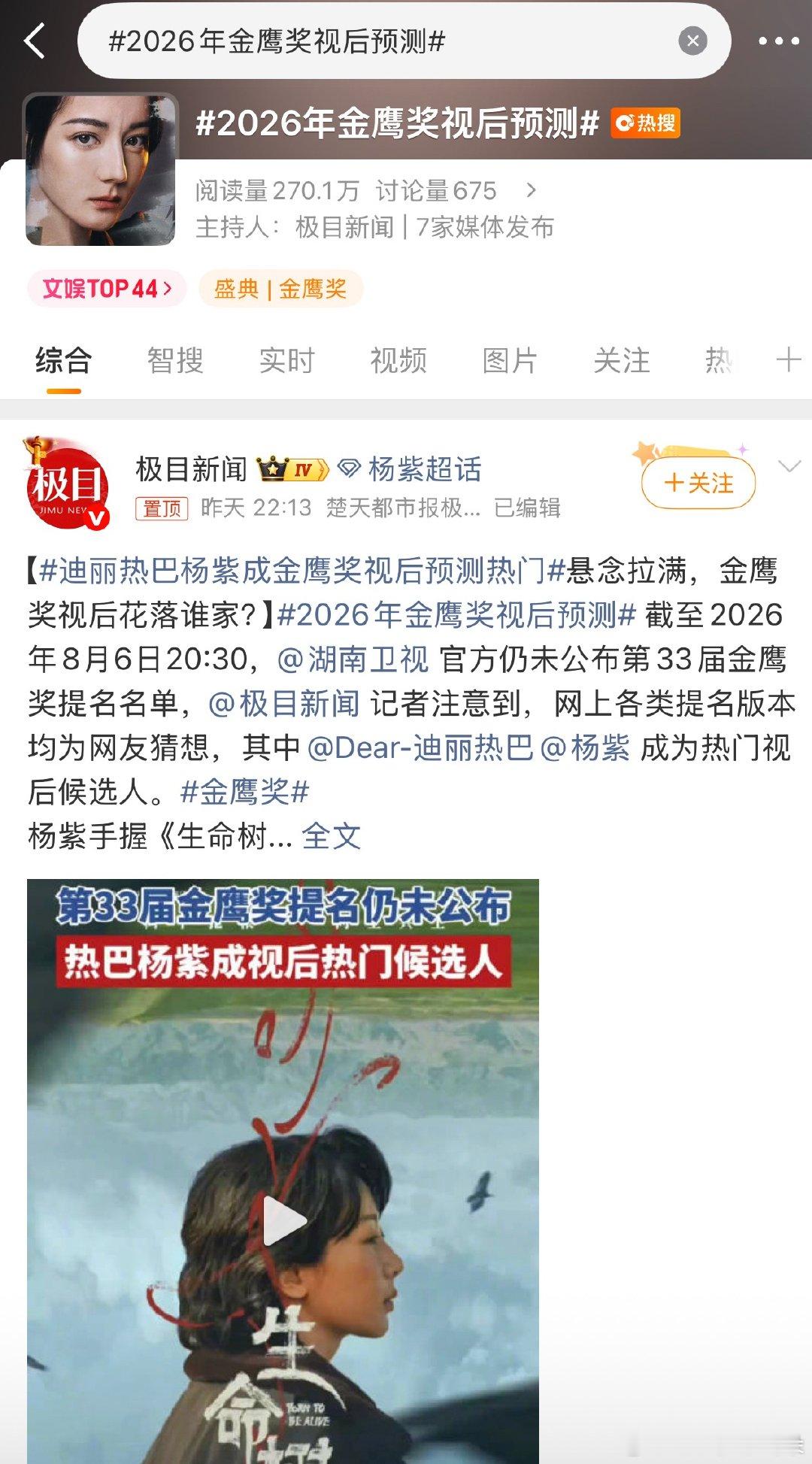 2026年金鹰奖视后预测注意这个热搜，头像是热巴，主持人还故意发在杨紫超话里，视