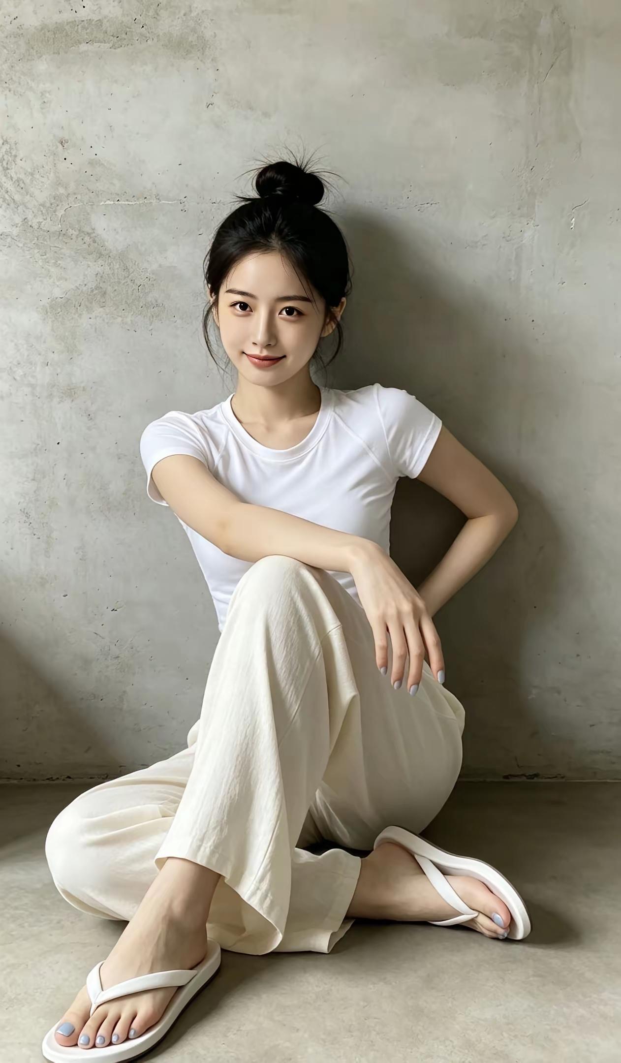 简单穿搭，越松弛越好看✨东亚年轻女生，高丸子头，几缕碎发，温柔淡然的神态，手轻