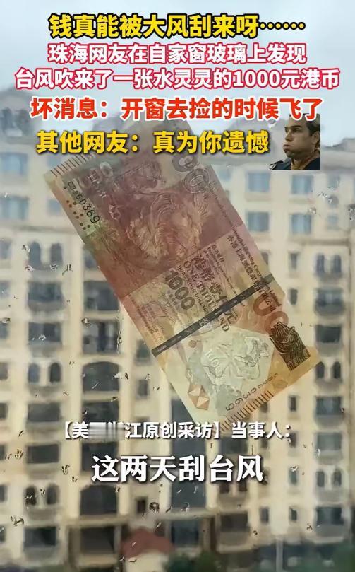 太戏剧性了！广东珠海，一男子在家躲台风呢，窗外一阵风刮过，“啪”的一声，一张花花