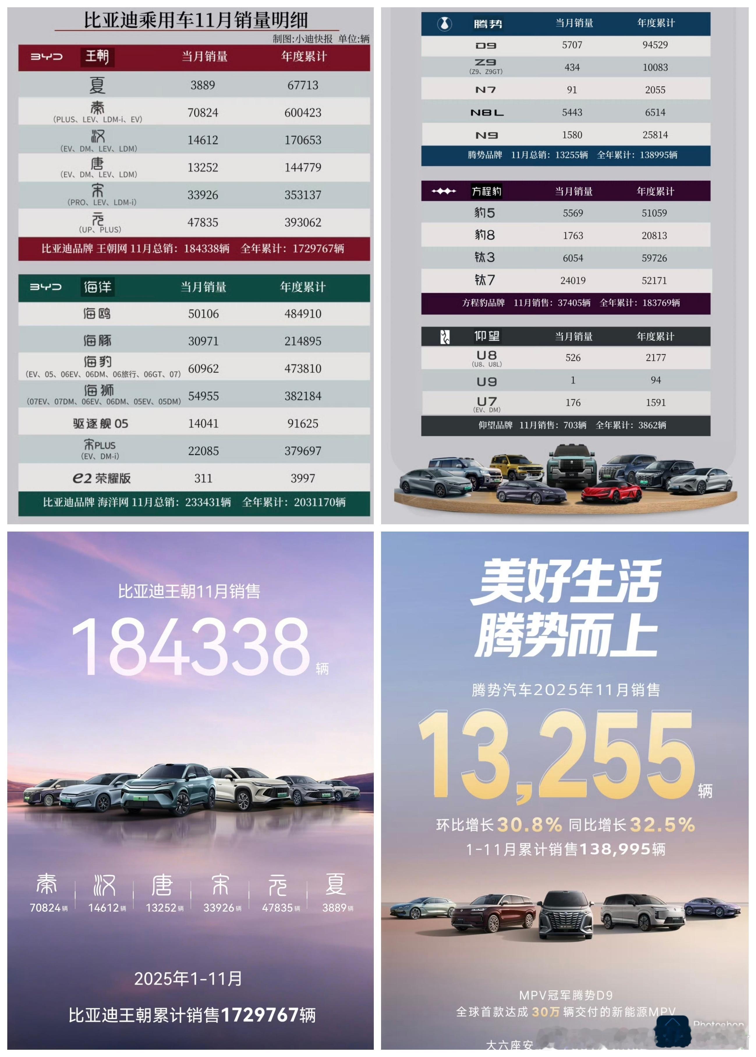 比亚迪11月细分销量出炉，海洋网表现出色，方程豹销量均衡。从小迪快报的数据来看，
