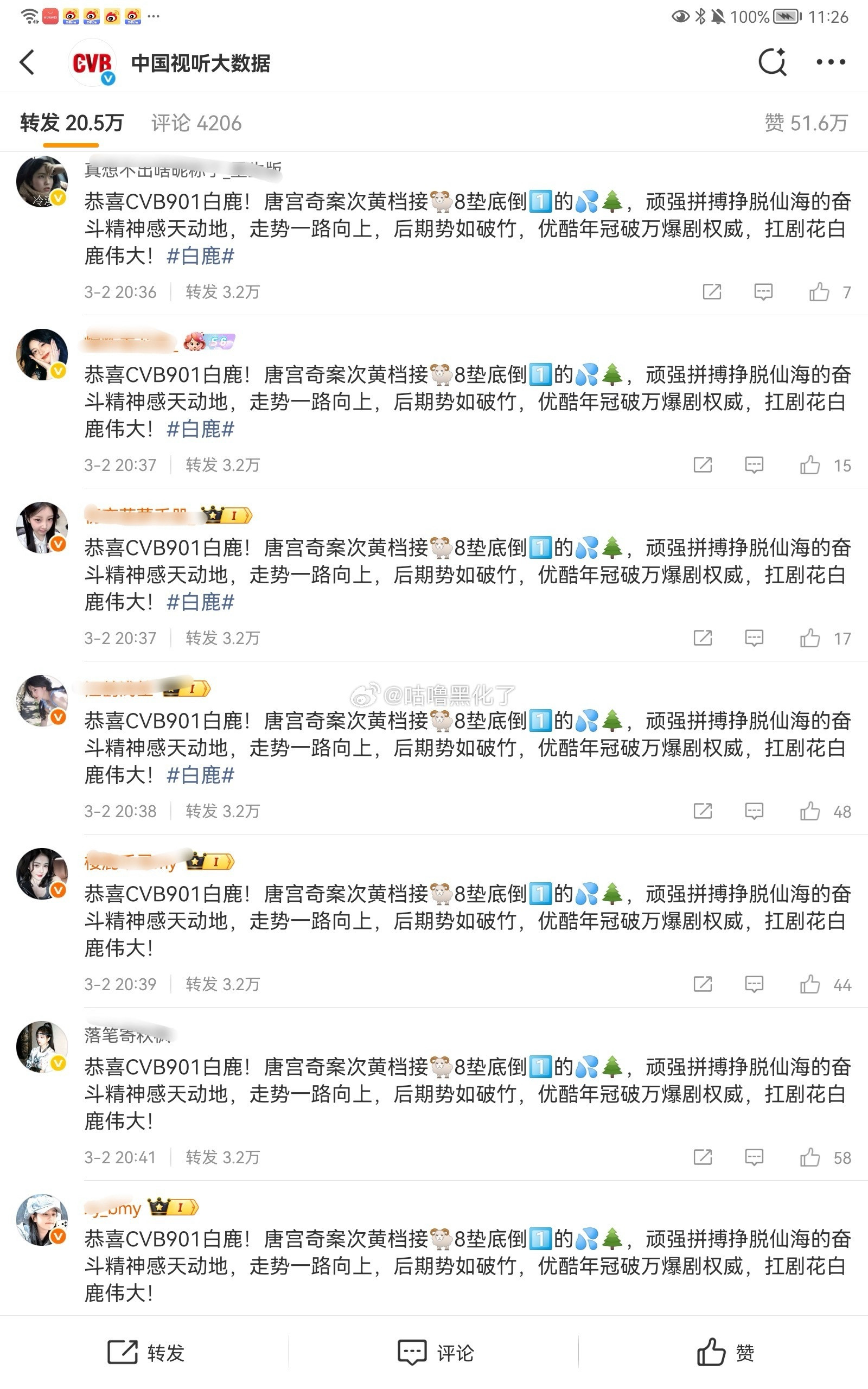 白鹿红v大粉和对接下场，几秒不到多了七八个3.2万，点赞量都只有个位数