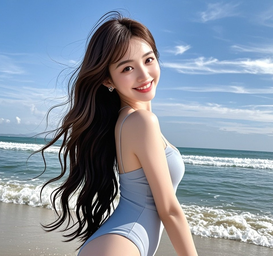 性感辣妹沙滩回眸，黄金比例身材堪比超模