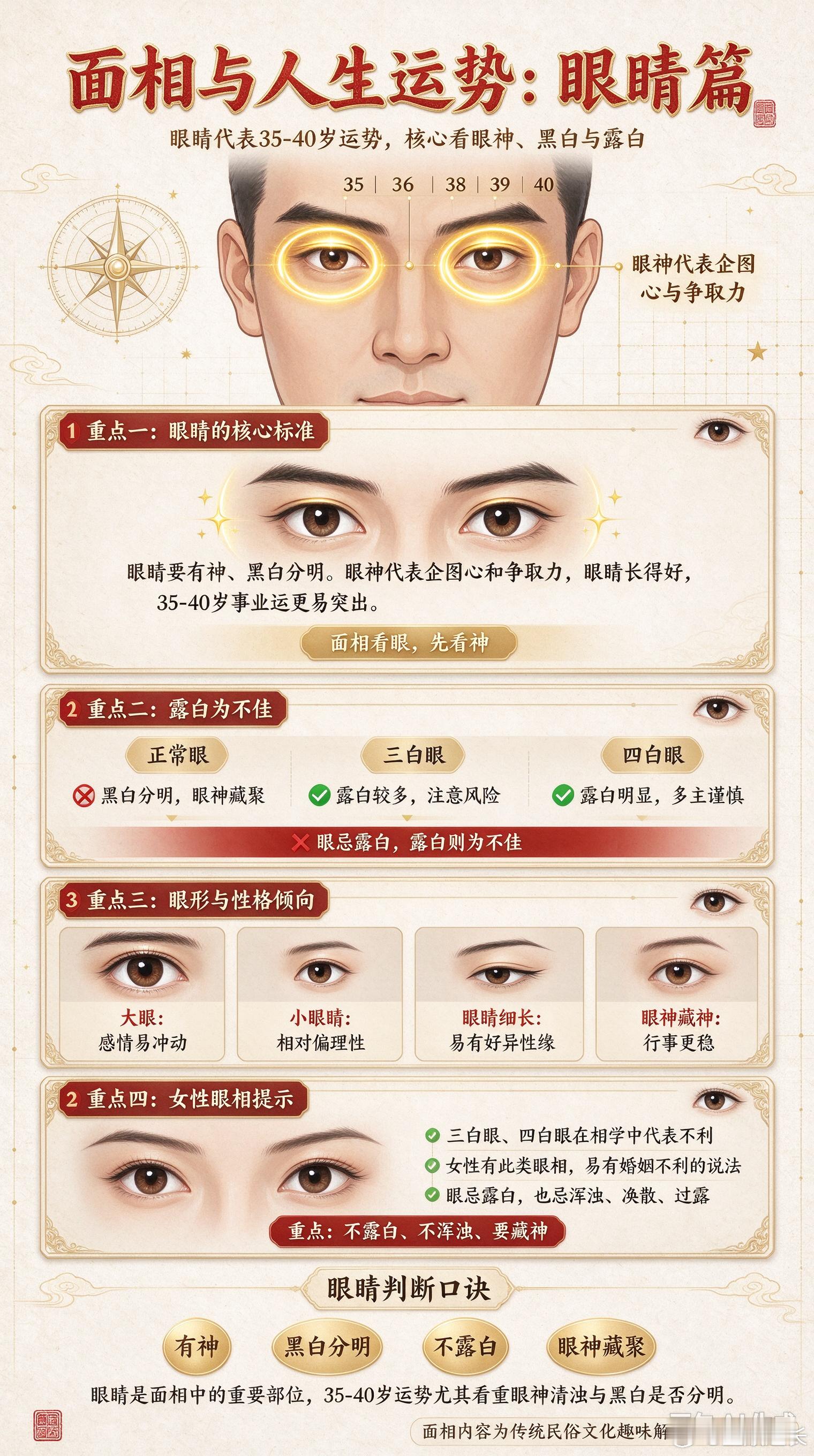 面相与人生运势：眼睛篇眼睛代表35-40岁的运势。眼睛要有神、黑白分明，因为眼神代表企图心和争取。如