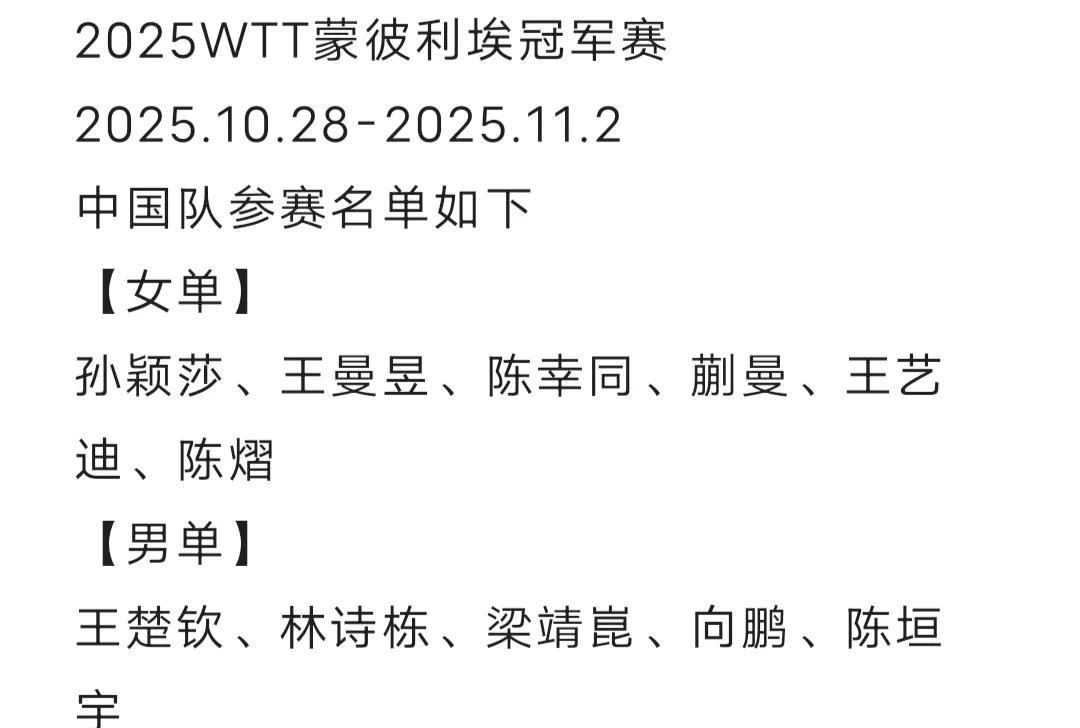 孙颖莎、王曼昱、王楚钦等国乒主力全部参赛，各位加油！